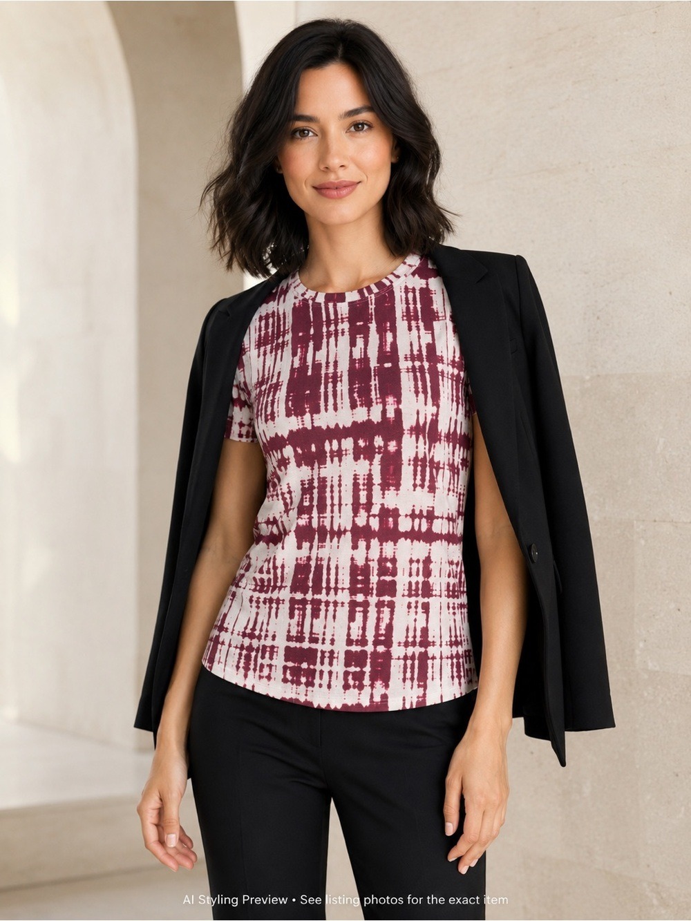 Vince Burgundy White Abstract Print Crew Neck Tee Top Small